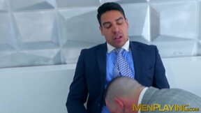 Jock executive has his cock sucked before fucking his man