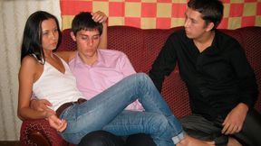 Cute brunette teen Tatiana is talking with her boyfriend during sex