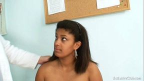Black chubby Manuela gyno exam by white old doctor