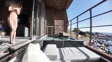 Japanese coed squirts in outdoor bath while getting creampie fucked