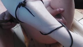 Thigh-high Tease, Crossdresser Glides Hands Over Glistening Slick Body