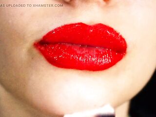 Red lips and a games with liquids and saliva! Milk and coffee! 4K -NO AUDIO-