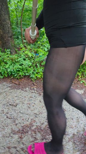 Rainy day flashing in pantyhose