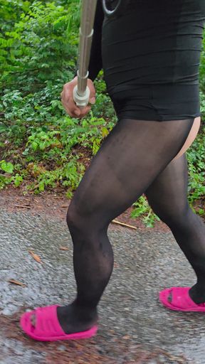 Rainy day flashing in pantyhose