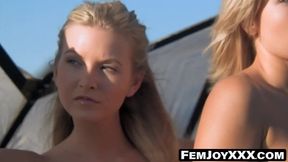 Blonde duo's wind play with big tits and pussies