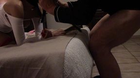 bondage blowjob on white boots and nylon hood, ring mouth gag and oral creampie