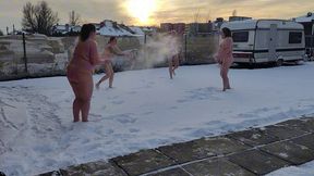 Swingers With Four People. Two Married Couples Play In The Snow Naked In Public. The Women Pee In The Snow And The Men Lick It Off