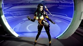 Sexy asian Tachy in tight crotchless bodysuit dancing alone on spaceship