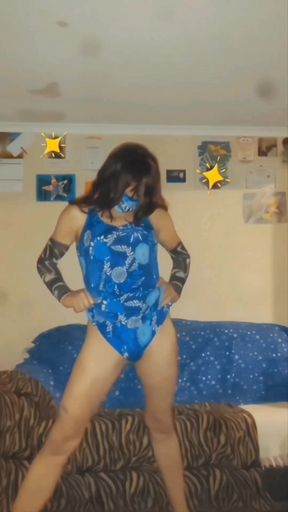 Posing in my gorgeous retro blue swimsuit in my white sandals and masturbating and coming onto my foot