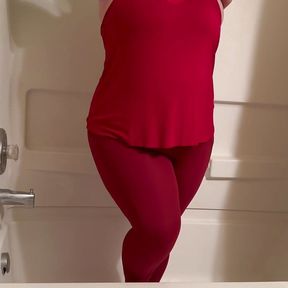 Hot girl desperate to pee in tight red yoga pants