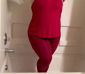Hot girl desperate to pee in tight red yoga pants