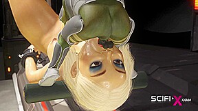 Green alien fucks hard a sexy cuffed girl in the sci-fi lab in a spacecraft