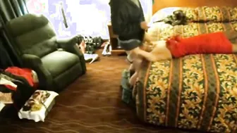 Amateur crossdresser gagged upside down for blowjob and cum in mouth