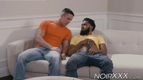 Bearded black jock rides huge cock after he rimmed his lover