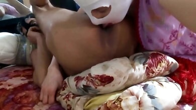 Two Arab wives in white masks exchange ass licking and handjobs with their husband