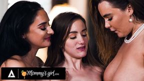Two voluptuous MILFs and a petite raven-haired in a steamy lesbian threesome