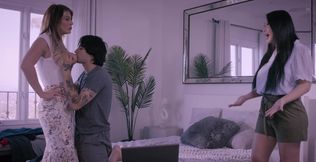 Hot Asian in heels and her step-mom MILF seduced her step-bro to intense fuck