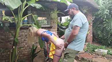 Blonde cosplay gets her tight ass wrecked in the rain