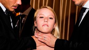 Awesome blonde Dixie Lynn is getting dominated by two long dicks
