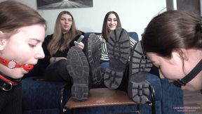 VALERIA and SARAH - Cruel couple and pathetic couple - Boots and socks domination - PART1 (4K)