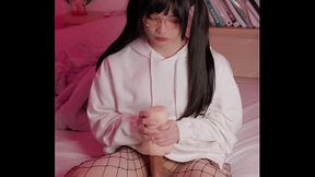 Cute femBoy 18+ in fishnet stockings jerks off with a masturbator