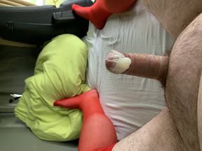 Handjob in red stockings in the truck