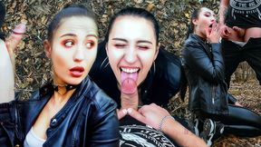 Brunette babe gets face-pumped in outdoor fetish extravaganza