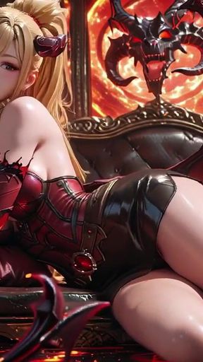 Lava Throne! Blonde Demon Queen Kneels & Spreads Her Wings, Lazy Tease with a Glass.