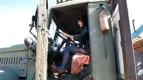 Harsh RUSSIAN Hot beauty on high heels tames big and powerful truck USSR- pedal pumping