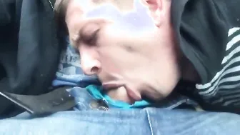 Twink gives amateur blowjob in truck and swallows cum outdoors