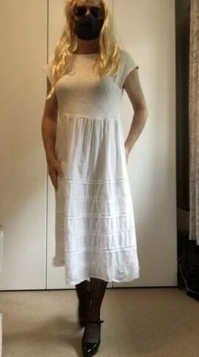 Sarah CD cums in white dress