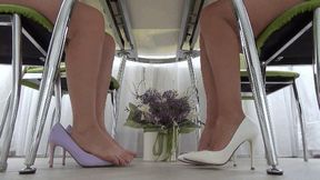 women swap Squeaky shoes with each other D