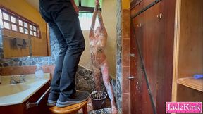 Sub slut tied in bathroom punished with foam spray