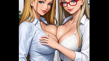 Office blonde women kiss, dance, grab breast (Ai animation)
