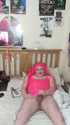 pink latex girly plays with her girly cock