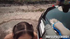 Wild brunette babe gags on Johnny Love's massive cock
