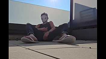 Outdoor indoor masturbation in jeans flip flops