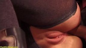 Fresh in sexy nylons gets public coffee shop anal fucked