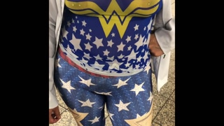A day with wife in see through wonder women shirt and leggings