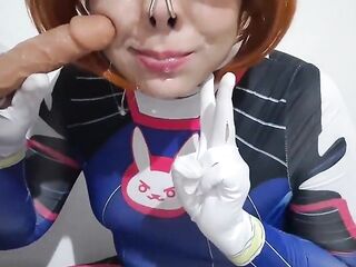 Trans cutie with Dva Cosplay and SADOMASOCHISM Nosehook Giving a Blow job, Eating Cum and Deepthroat to Large Vibrator