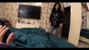 Friend Cums Three Times on My New Black Shiny Puffy Down Jacket!