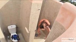 Hot brunette pisses in the shower