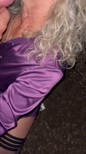 Taking a nice load of cum over her satin blouse