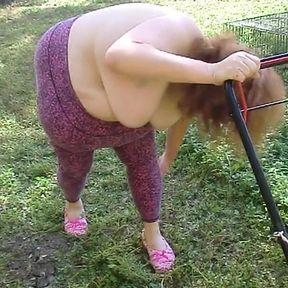Nurse Vicki Mowing Grass dressed then topless