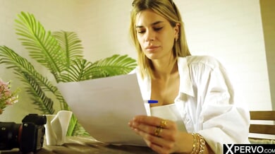 Tattooed blonde model submits to dominant photographer during intense casting session