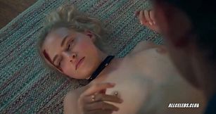 Madeline Brewer giving a hot handjob with her small tits exposed to a lucky MILF