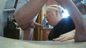 In the afternoon, I fuck my mother-in-law in the mouth in the kitchen and cum