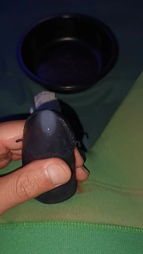 Nylon cumshot ball emptying orgasam