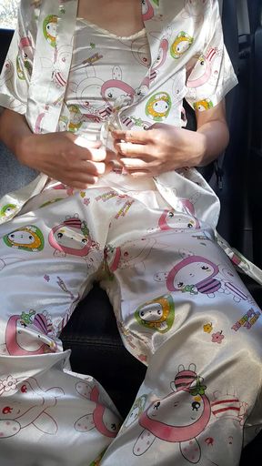 Crossdressing and Cum Inside Satin Pajamas with Kimono Set