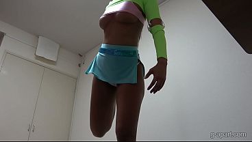 Tanned natural tits Japanese girl takes off no bra mini tank top, micro mini skirt, and thong panties and becomes naked